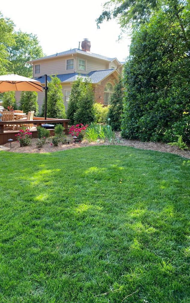 Lush backyard lawn beside patio and two-story home