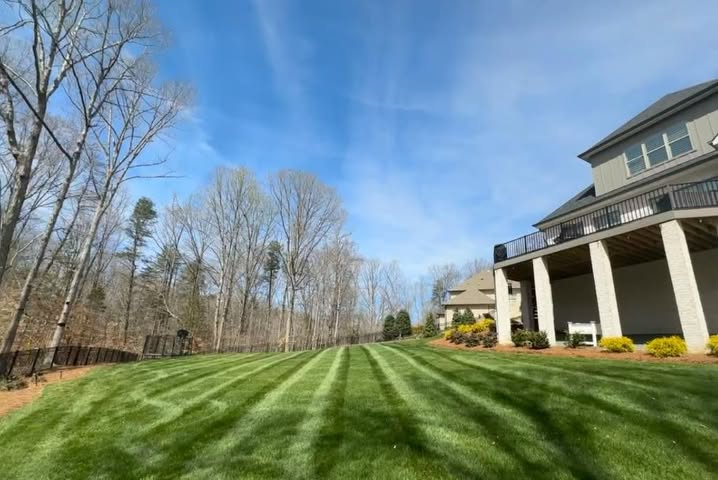 Striped green lawn beside a suburban house and woods