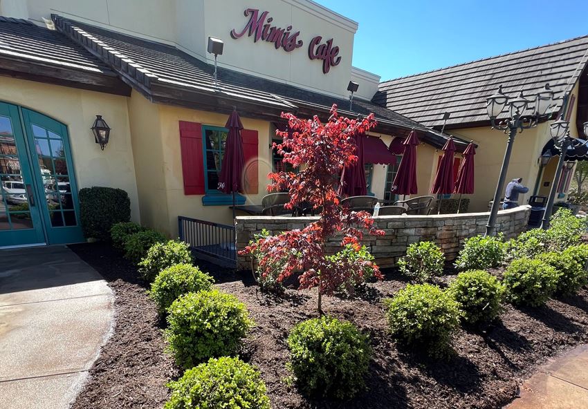 Mimi's Cafe exterior with patio umbrellas and landscaped garden