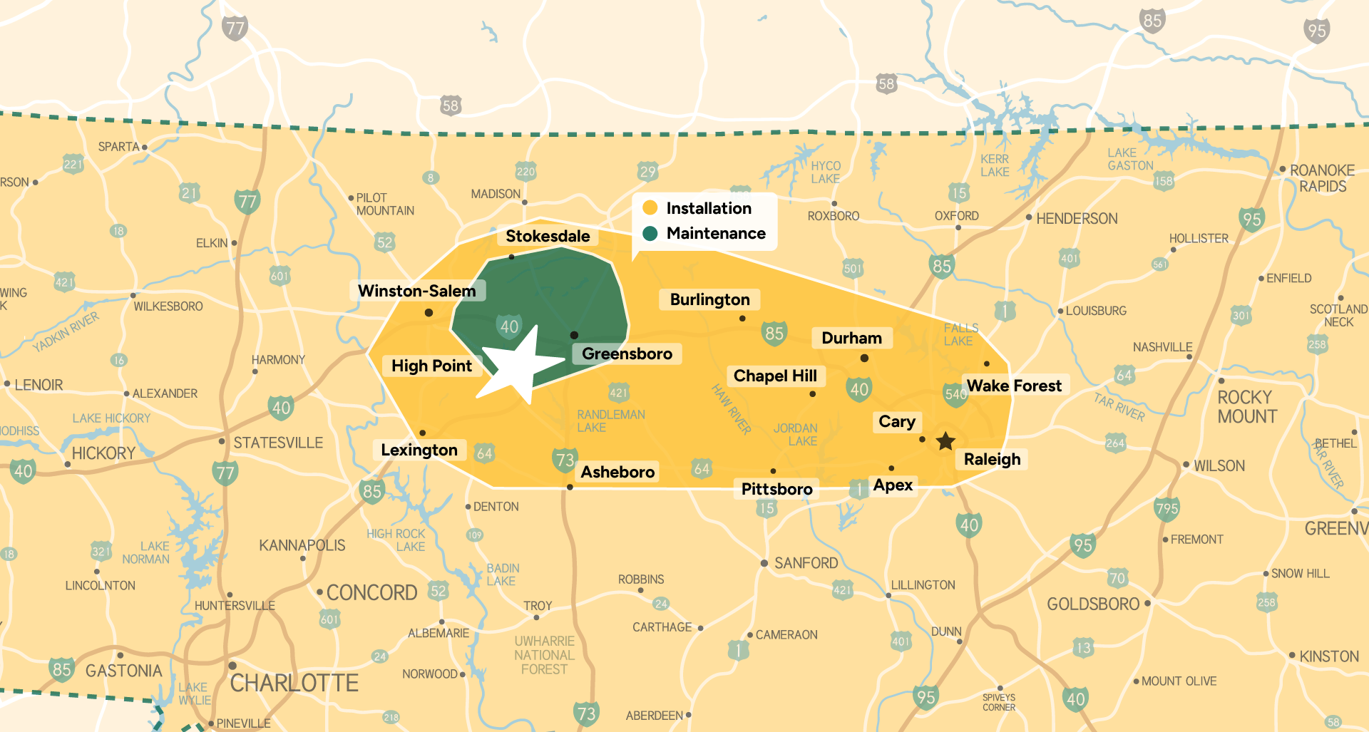 North Carolina service area map for installation and maintenance