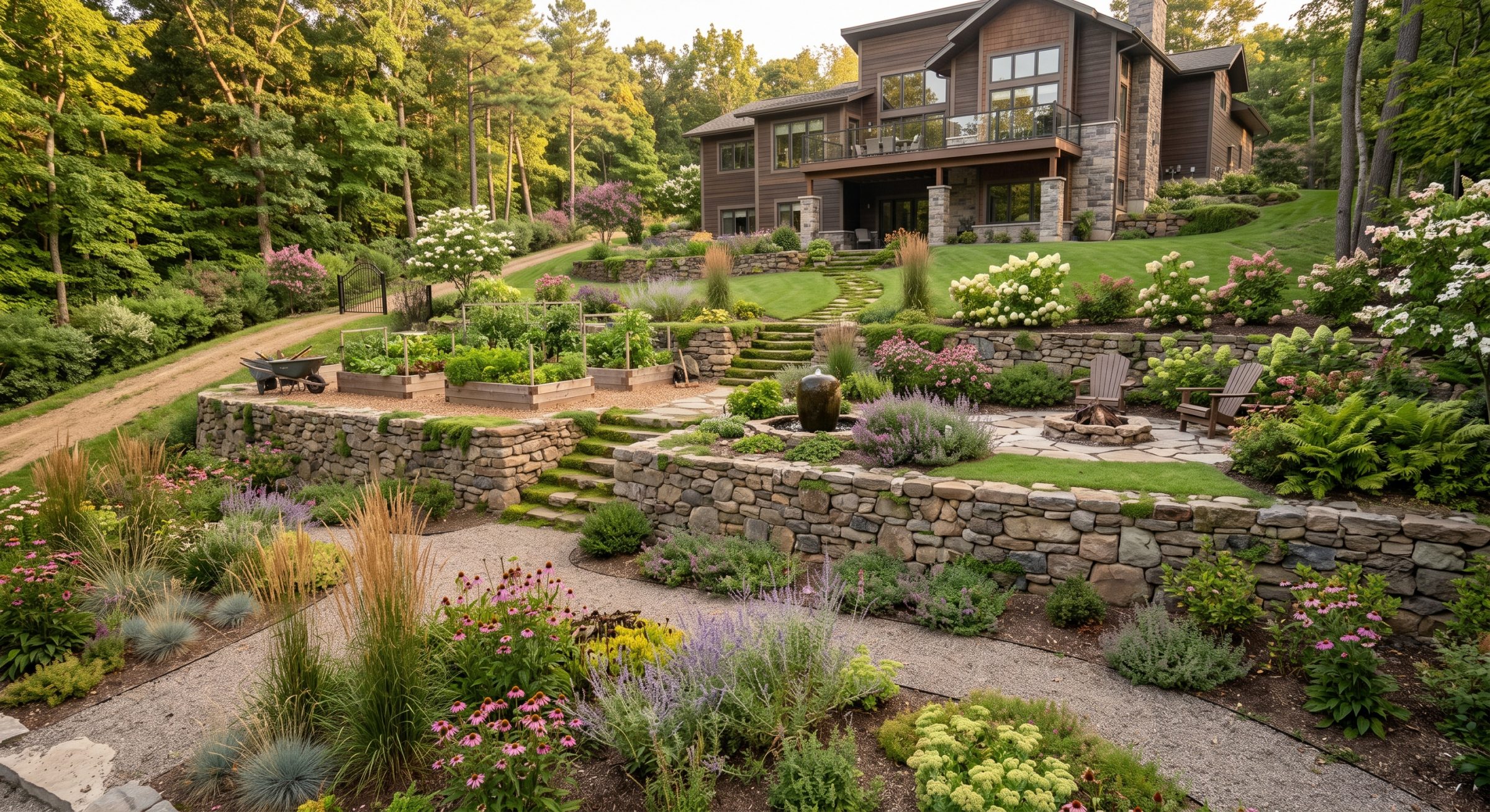 Modern home overlooking terraced flower garden and stone patio