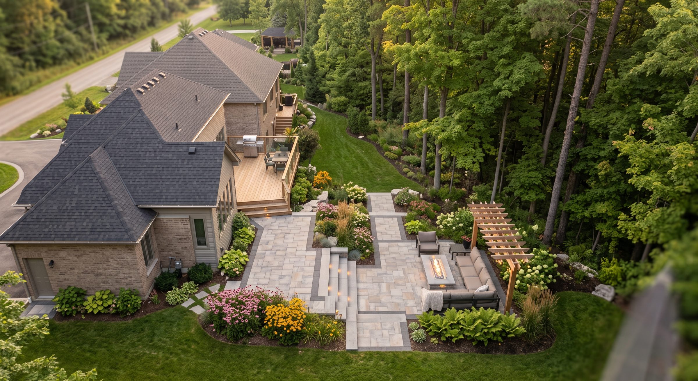 Aerial view of landscaped backyard patio beside wooded home