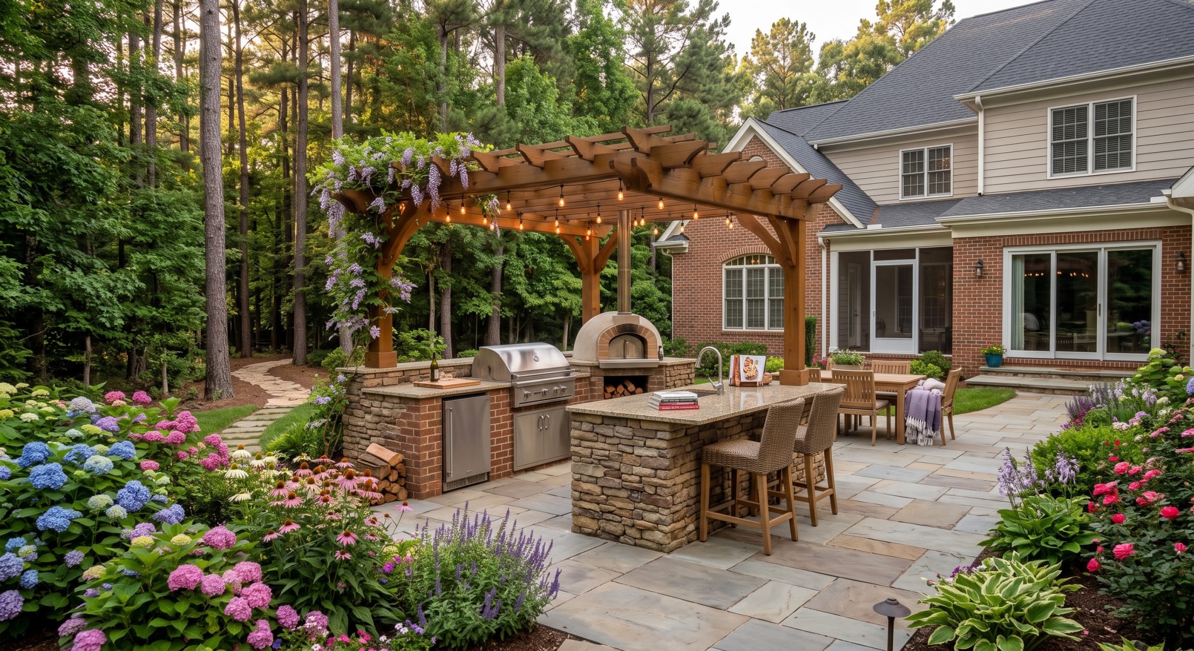 Garden patio with pergola, outdoor kitchen, and flowering plants