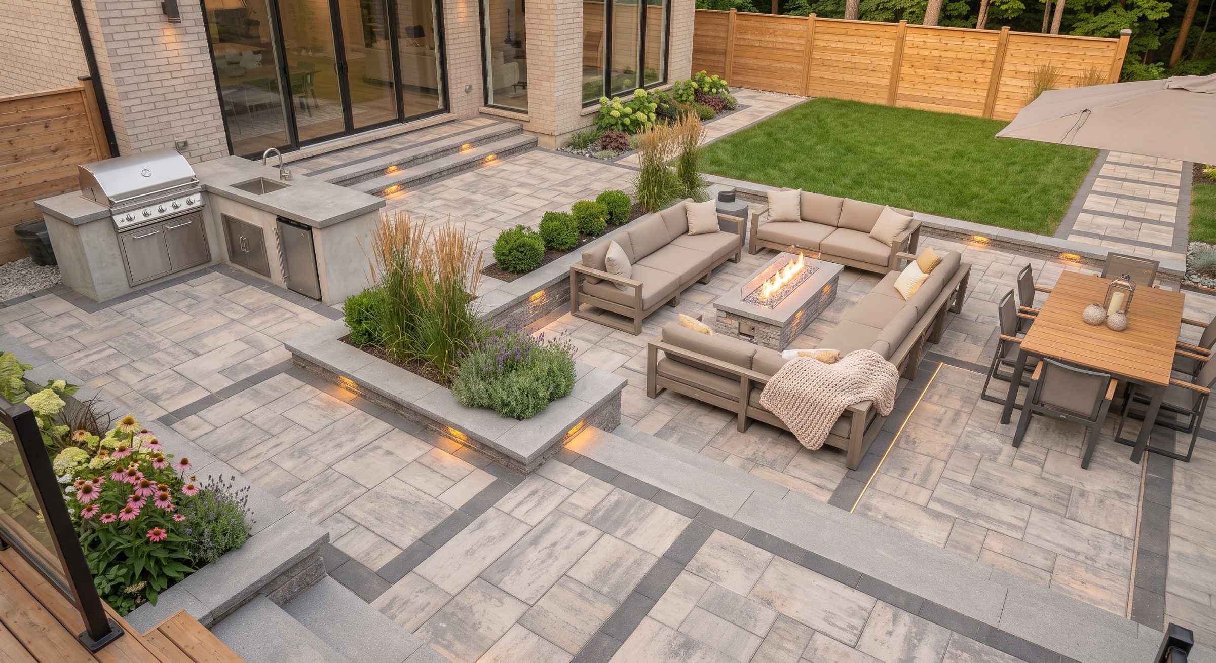 Modern landscaped patio with fire pit, kitchen, and dining