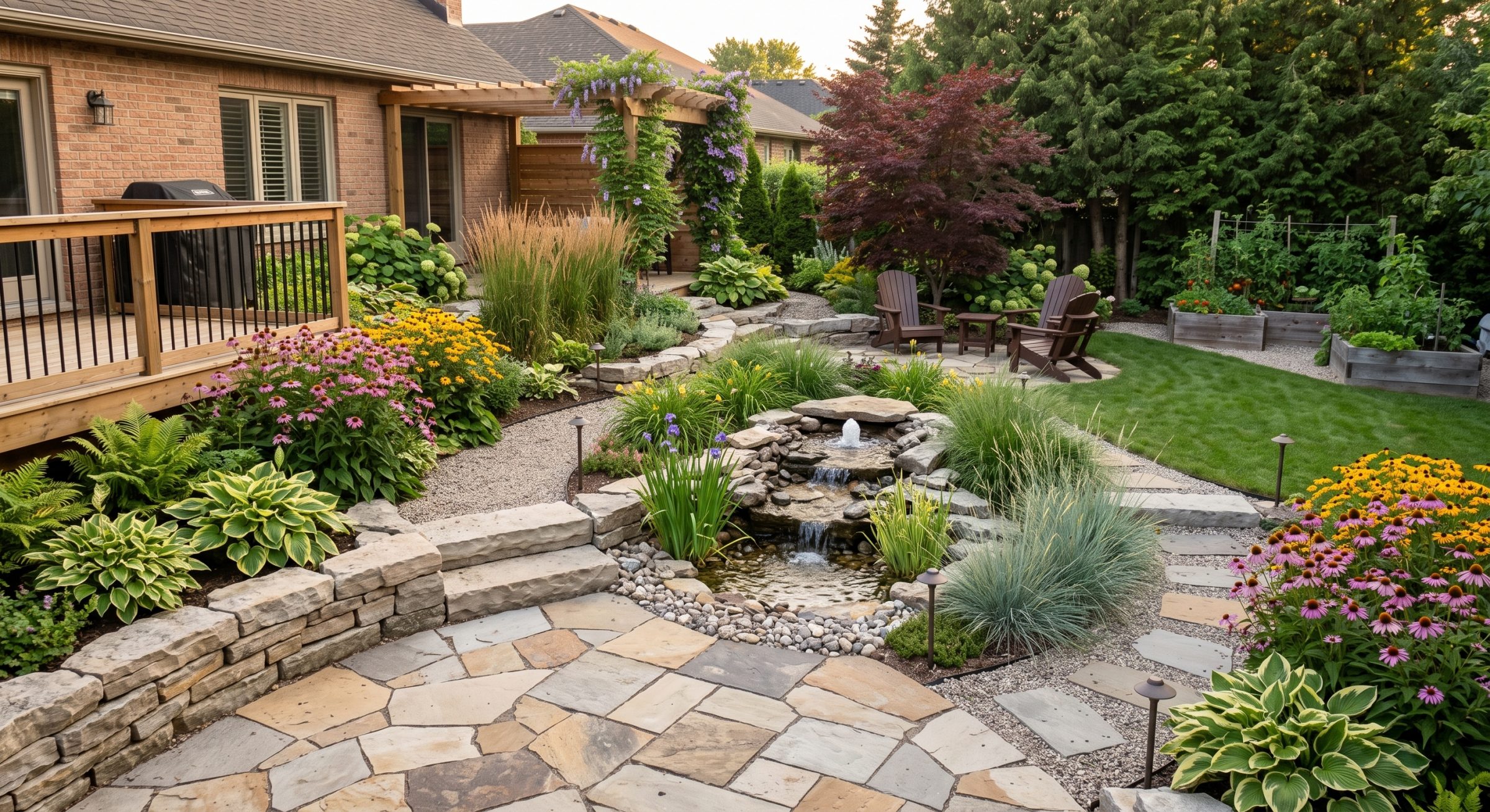 Lush backyard garden with stone waterfall and pergola