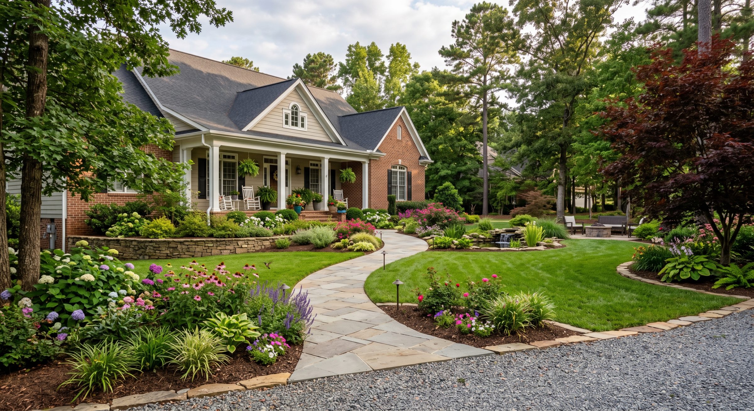 Brick home with lush garden and curved stone walkway