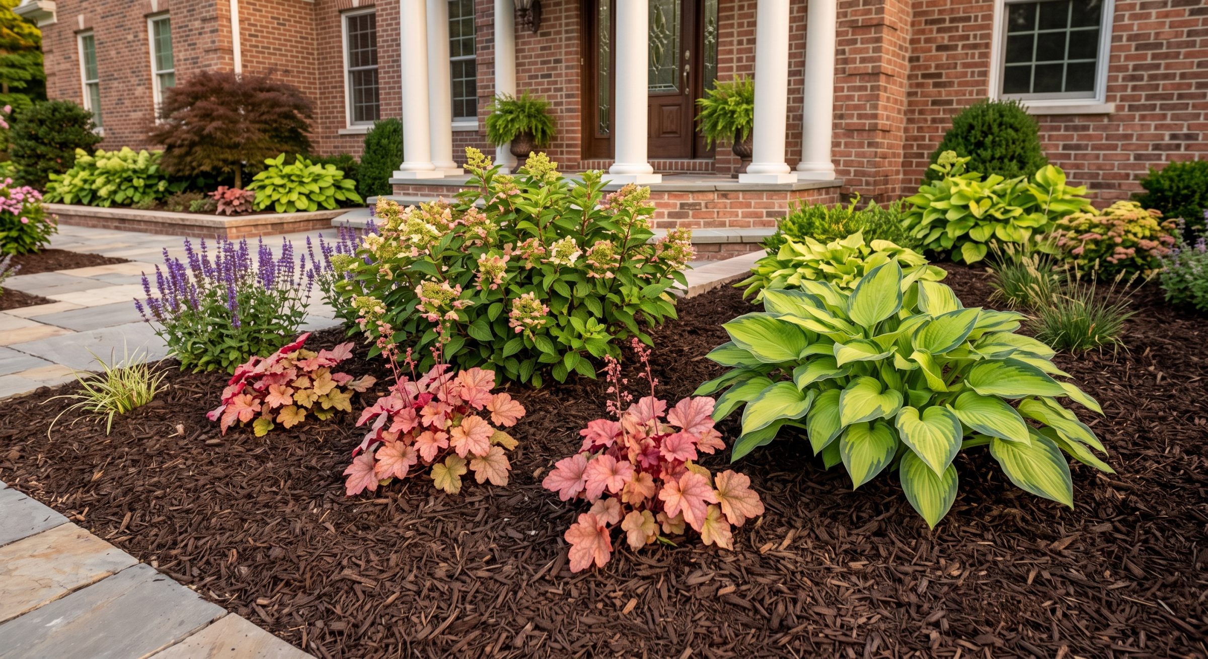 Colorful landscaped garden bordering a brick home’s front porch