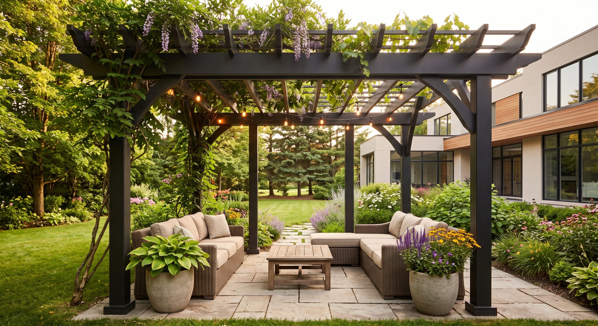 Garden patio pergola with seating, lights, and flowering vines