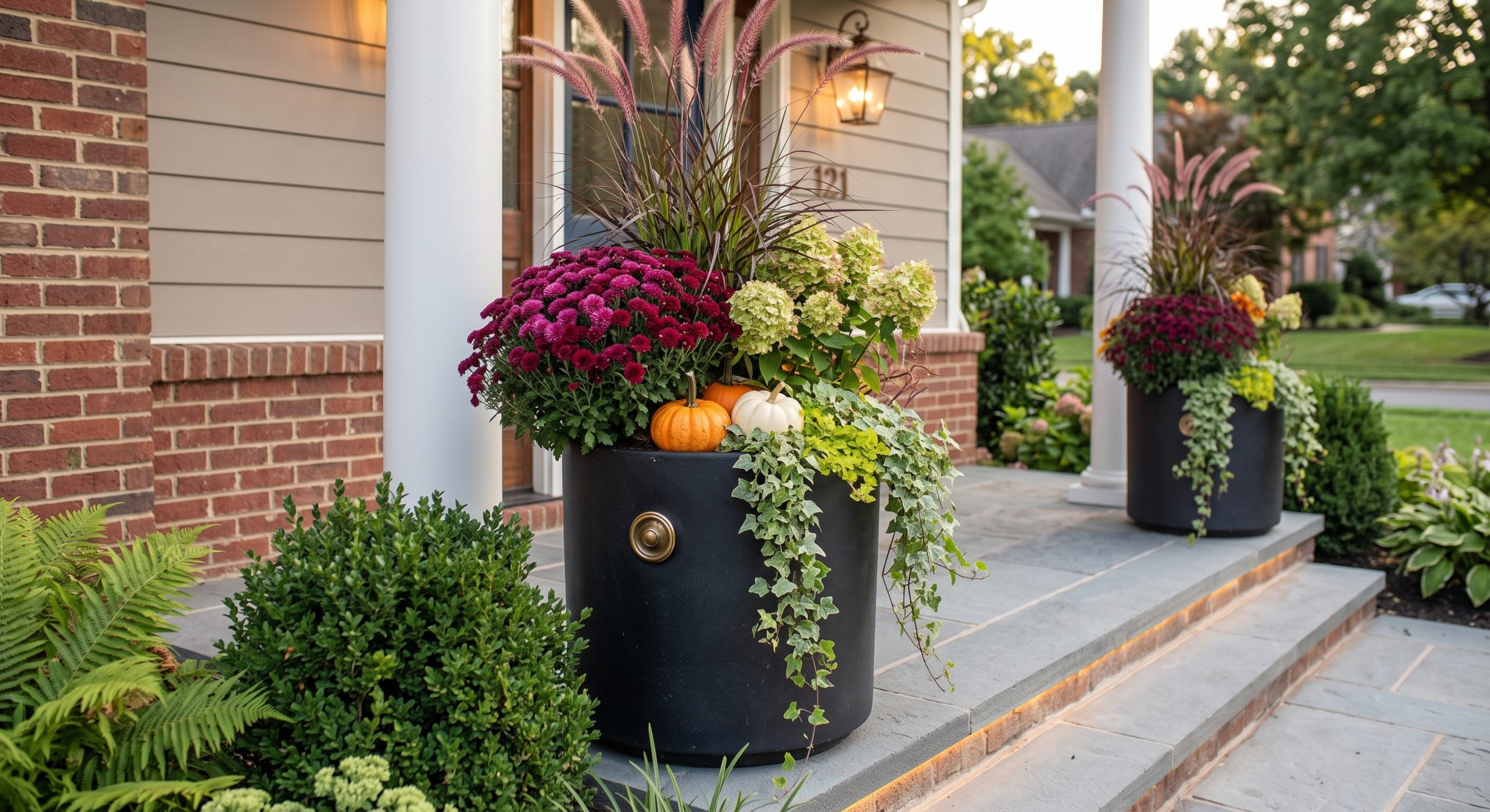 Fall porch planter with mums, pumpkins, hydrangeas, and ivy