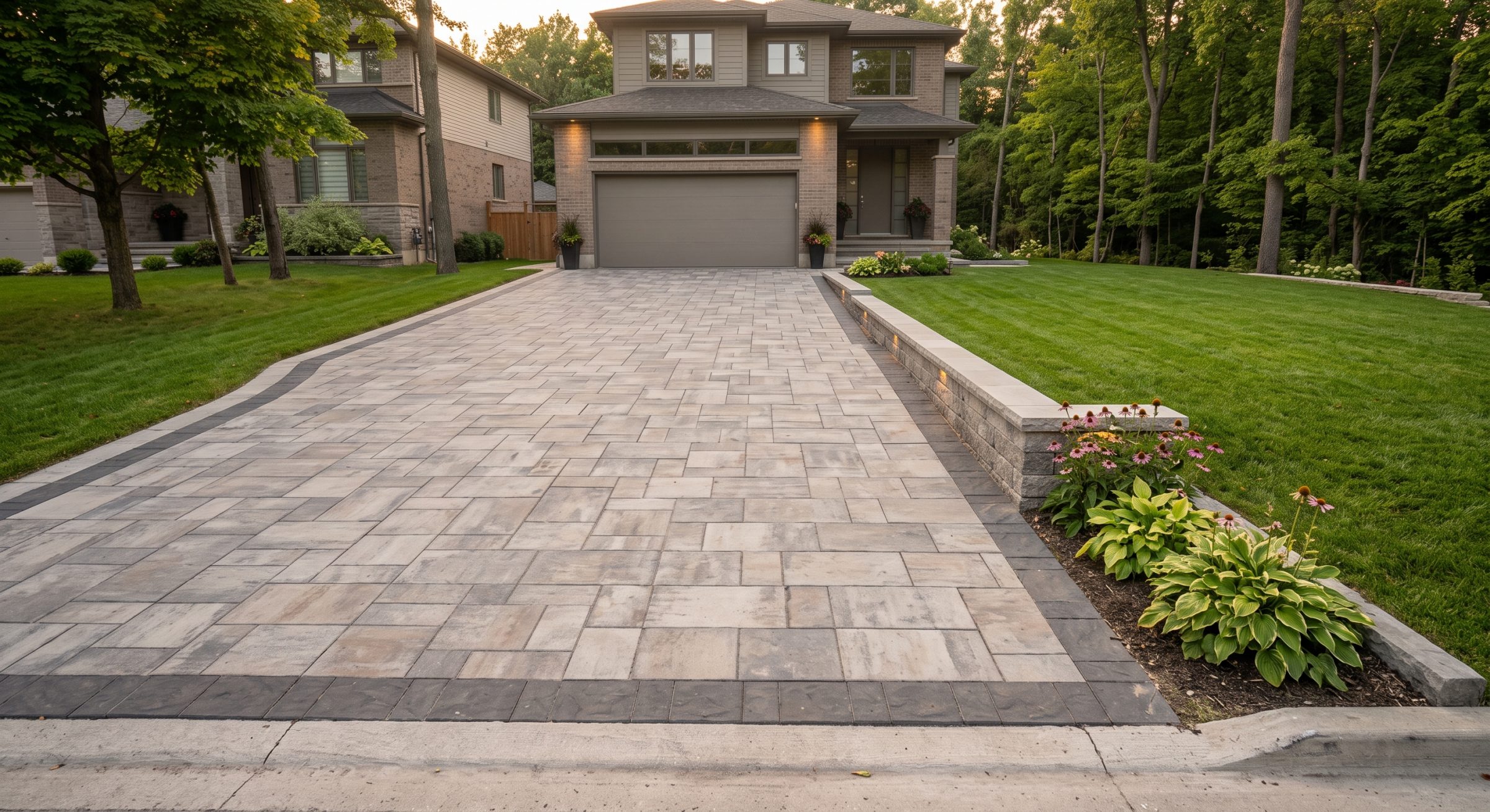 Wide stone paver driveway leading to modern two-story home