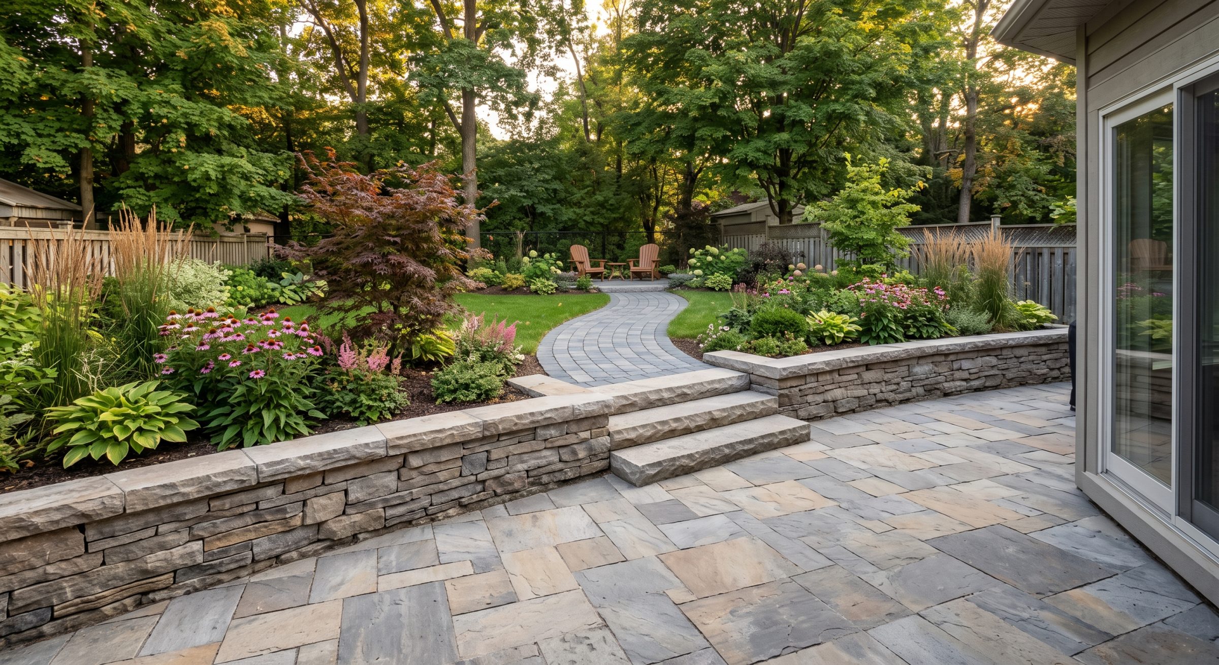 Landscaped backyard with stone patio, garden path, and chairs