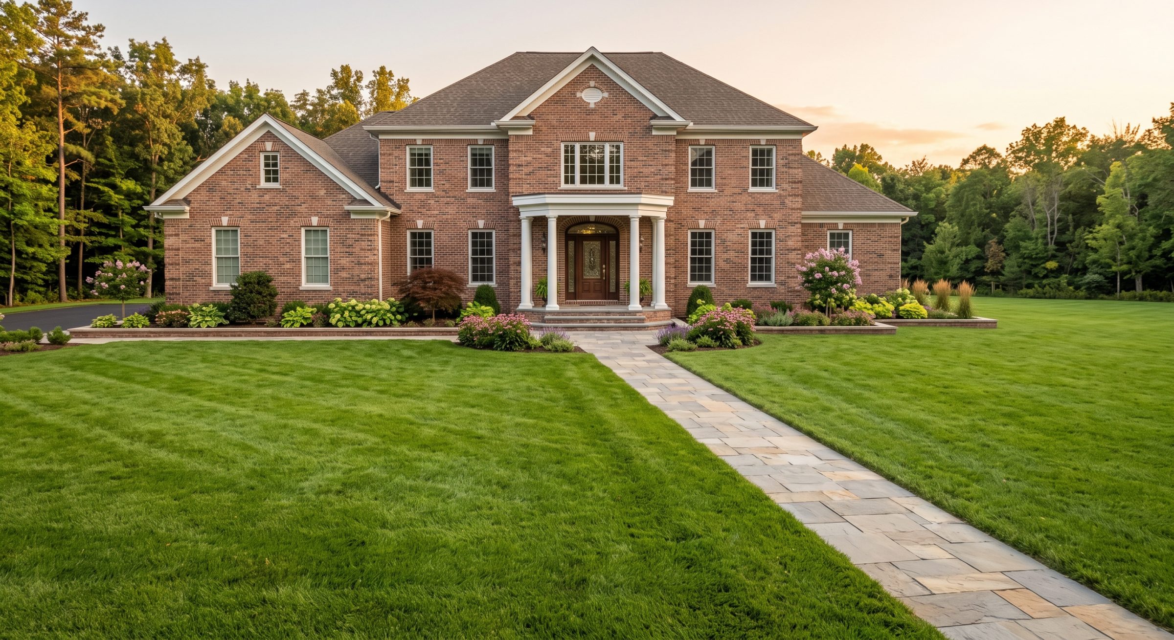Brick colonial home with manicured lawn and stone walkway