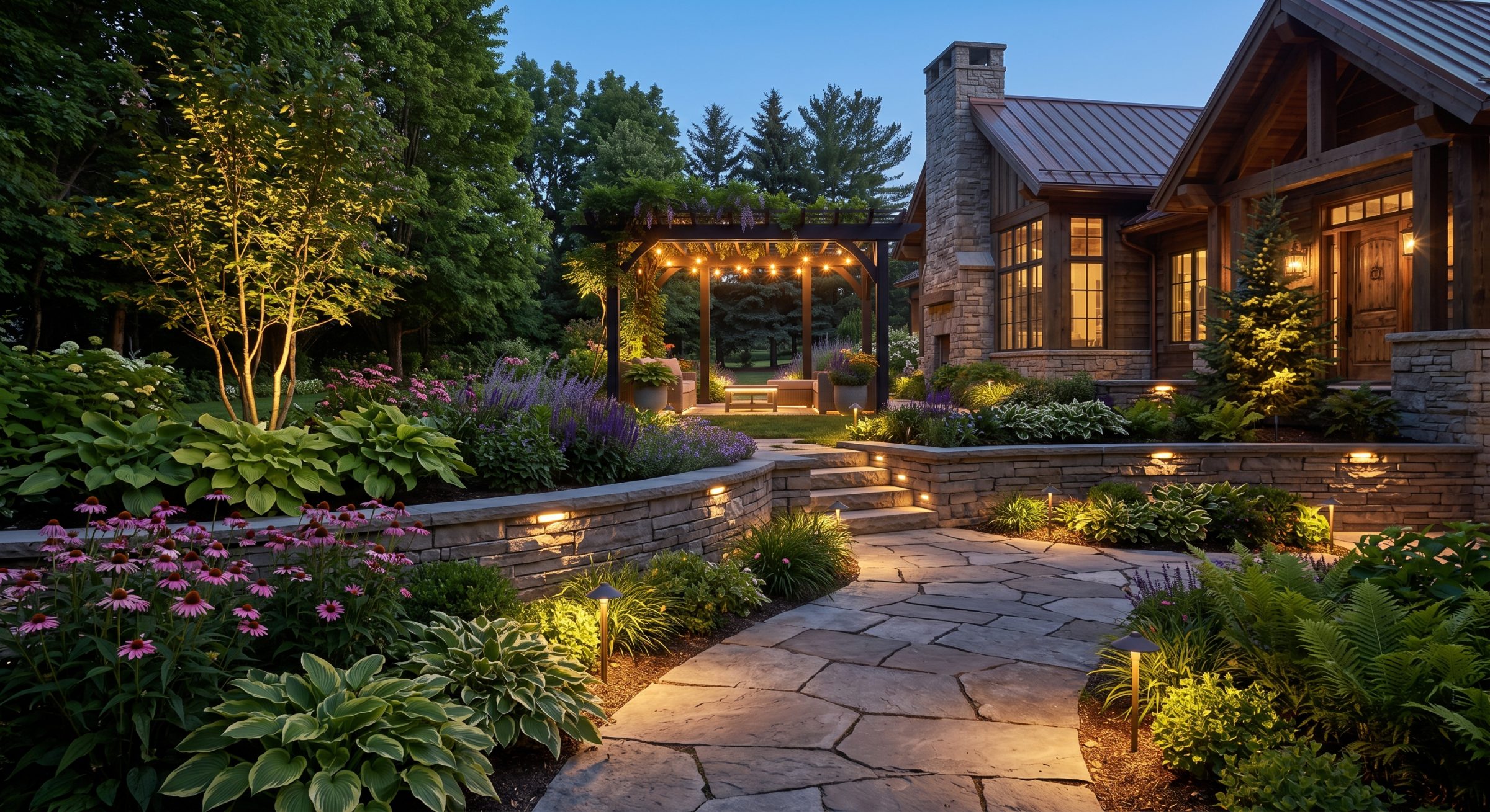 Illuminated garden path beside rustic home and pergola