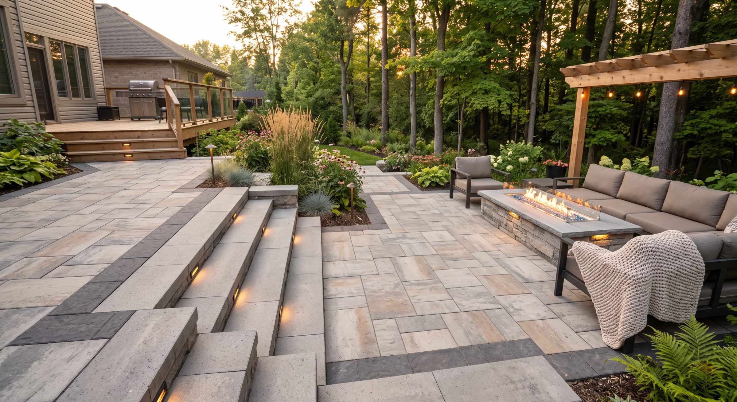 Landscaped backyard patio with fire table and deck at sunset