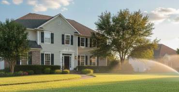 Sprinkler watering lawn outside a suburban two-story house