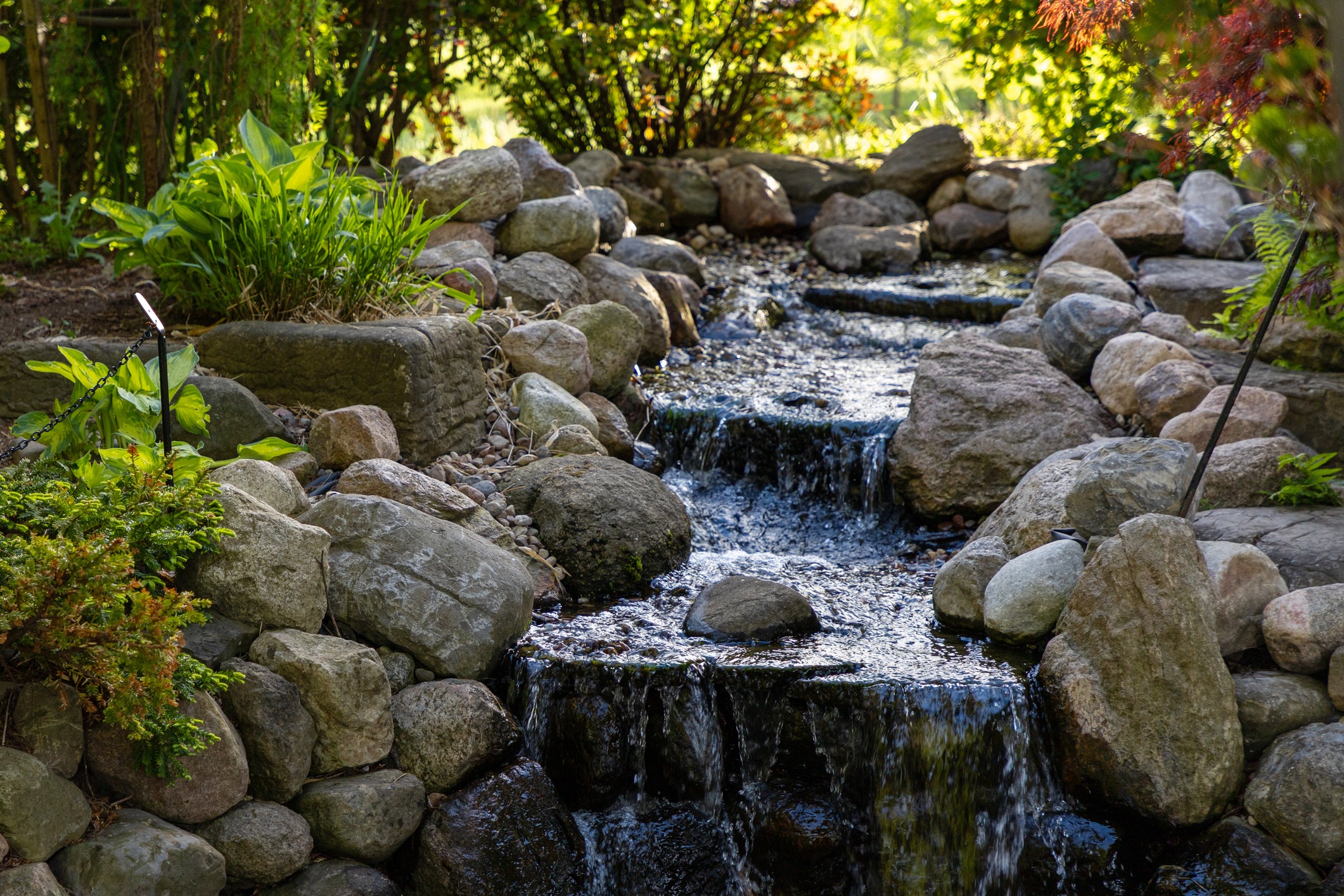 Small waterfall flowing through a lush rock garden